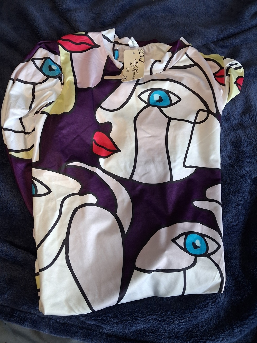 Graphic Abstract Face Print Top in Purple, White, Blue & Red